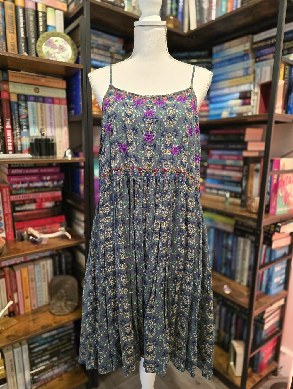 NATURAL LIFE Gray Floral Embroidered Midi Dress with Pink & Green Accents